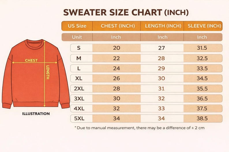 May include: An orange sweater illustration with a size chart. The chart shows chest, length, and sleeve measurements in inches for sizes S to 5XL. The text "SWEATER SIZE CHART (INCH)" is at the top.