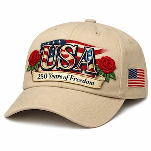 May include: A tan baseball cap with embroidered patriotic designs. The cap features the word "USA" in red, white, and blue, with a banner that reads "250 Years of Freedom." Two red roses and a small American flag are also embroidered.