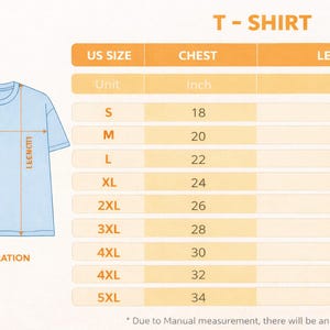 May include: A light blue t-shirt illustration with a size chart. The chart displays chest and length measurements in inches for sizes S through 5XL. The text "T-SHIRT" is at the top.