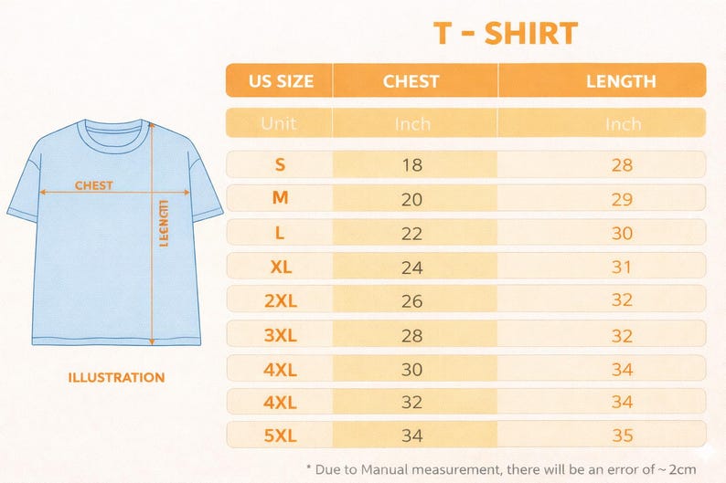 May include: A light blue t-shirt illustration with a size chart. The chart displays chest and length measurements in inches for sizes S through 5XL. The text "T-SHIRT" is at the top.