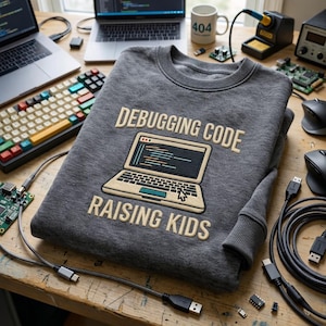 May include: A grey sweatshirt featuring the text "DEBUGGING CODE RAISING KIDS" and a laptop graphic. The sweatshirt is surrounded by computer equipment, including laptops, keyboards, and cables, on a wooden surface.