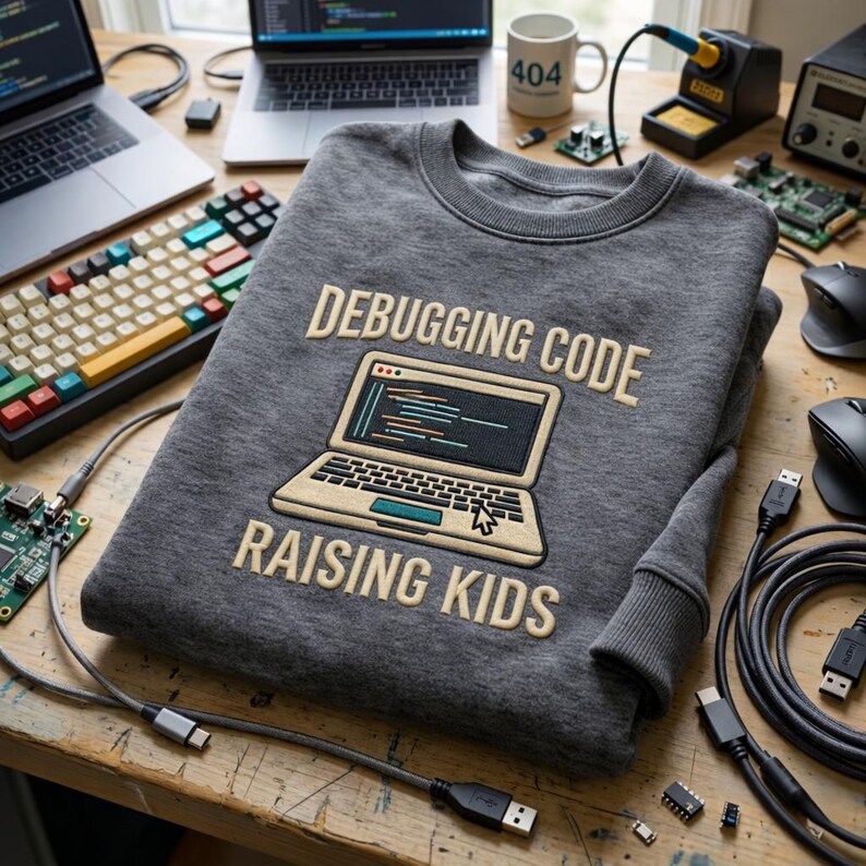 May include: A gray sweatshirt with the text "DEBUGGING CODE RAISING KIDS" and a laptop graphic. The sweatshirt is surrounded by computer equipment, including laptops, keyboards, and cables, on a wooden surface.