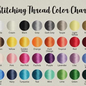 May include: A color chart titled "Stitching Thread Color Chart" displays a variety of thread colors. The chart includes shades of white, black, grey, brown, yellow, orange, red, pink, purple, blue, green, and more. Each color is labeled.