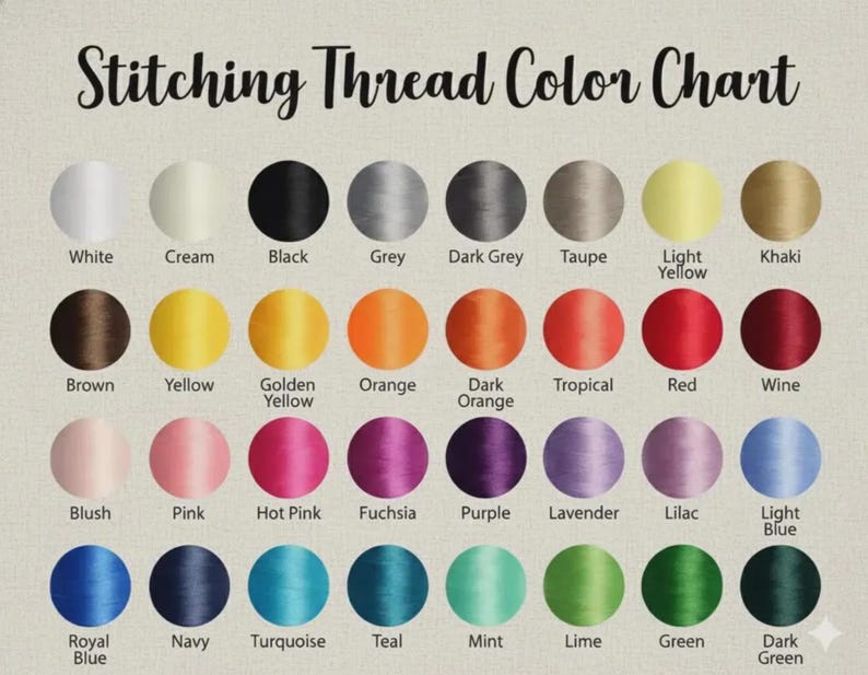 May include: A color chart titled "Stitching Thread Color Chart" displays a variety of thread colors. The chart includes shades of white, black, grey, brown, yellow, orange, red, pink, purple, blue, green, and more. Each color is labeled.