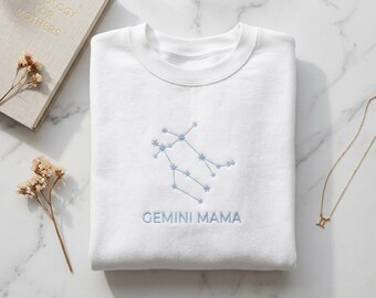 Custom Gemini Mama Embroidered Sweatshirt, Zodiac Mom Shirt, Astrology Gift for Mom, Minimalist Constellation Crewneck