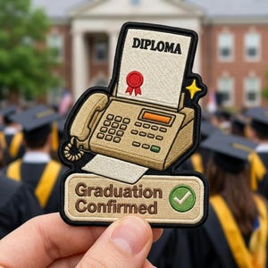 May include: Embroidered patch featuring a vintage fax machine with a diploma labeled "DIPLOMA" and a red seal. Below, the text "Graduation Confirmed" with a checkmark. The patch has a yellow star and is held in front of a graduation ceremony.