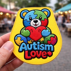 May include: A yellow patch featuring a colorful jigsaw puzzle bear holding a red heart. The bear is blue, green, and red. The text "Autism Love" is embroidered in blue and red.