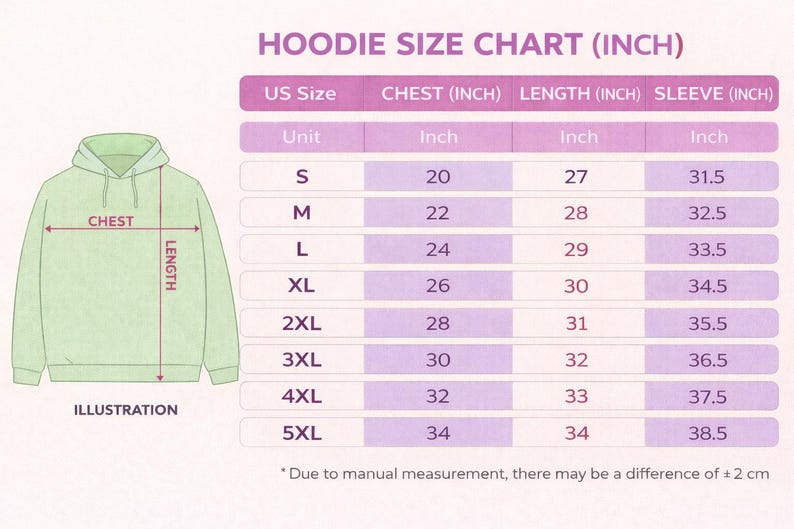 May include: A hoodie size chart in inches, with chest, length, and sleeve measurements for sizes S to 5XL. An illustration of a hoodie is on the left. The chart includes measurements like 20 inches chest for size S.