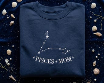 Custom Pisces Mom Embroidered Sweatshirt, Zodiac Constellation Shirt, Astrology Gift for Mom, Birthday Gift, Minimalist Star Design
