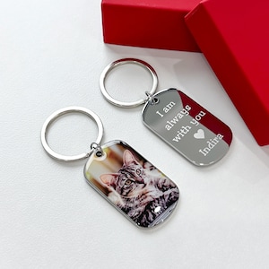 Custom Cat Photo Keychain: Engraved Pet Name Memorial, Stainless Steel