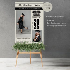 May include: A graduation party sign with a newspaper design. The sign features a photo of a graduate in a cap and gown, the text "Andrea Isabel", "She Did It!" and "Class of 2025". The sign also includes the text "The Graduate News", "Welcome to the Graduation Party!" and "It's the end of an era".