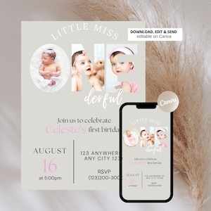 May include: A pink and white first birthday invitation with a photo of a baby girl in the shape of the number one. The text reads "Little Miss One Derful" and includes the date, time, and location of the party. The invitation is editable on Canva.