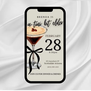 Espresso Martini Geburtstag, digitale Einladung zum Thema altes Geld, ein wenig älter, Kokette Schleife, RIP zu meinen 20er Jahren, elegante 21