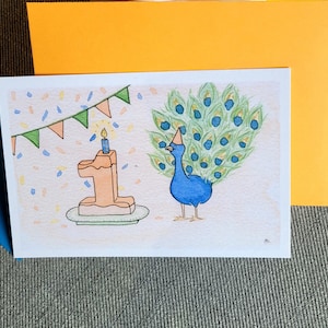 Carte - Premier anniversaire Paon à l'aquarelle