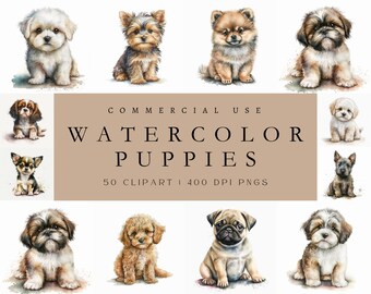 Dog Breeds Printable Art Baby Animals Clipart, Pets Animals Printable Art Digital Clipart, Watercolor Animals Clipart, PNG, Commercial Use