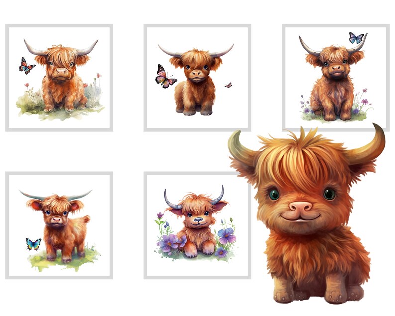 Highland Cow Clipart Watercolor PNG Cute Baby Shower Nursery - Etsy