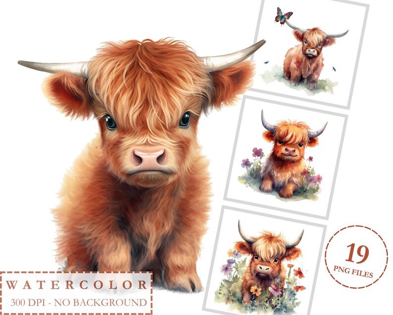 Highland Cow Clipart Watercolor PNG Cute Baby Shower Nursery - Etsy