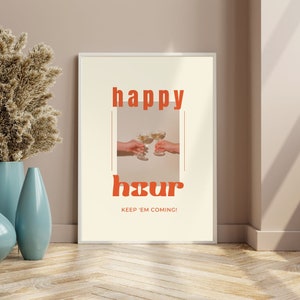 Happy Hour Art Print, Retro Cocktail Print, Minimal Drinks Art, Bar Cart Accessoires, Chique Cocktail Poster, Champagne, DIGITALE DOWNLOAD