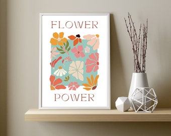 Flower Power Print, Colorful Art Print, Boho Wall Art Print, Groovy Funky Art Print, Cartel de energía positiva, Arte vegetal, DESCARGA DIGITAL