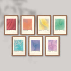 May include: Set of seven framed abstract art prints with colourful swirls and the names of the seven chakras in Sanskrit. The chakras are Muladhara, Svadhisthana, Manipura, Anahata, Vishuddha, Ajna, and Sahasrara.