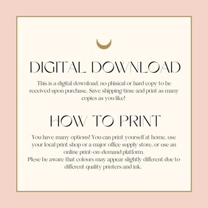May include: Digital download graphic with a crescent moon icon and text that reads "DIGITAL DOWNLOAD" and "HOW TO PRINT". The text explains that this is a digital download and provides instructions on how to print the file.