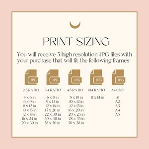 May include: A chart showing different print sizes for digital downloads. The chart lists five different aspect ratios: 2:3, 3:4, 4:5, 11:14, and A4 (ISO). Each ratio has a list of corresponding print sizes in inches. The chart is on a light pink background.