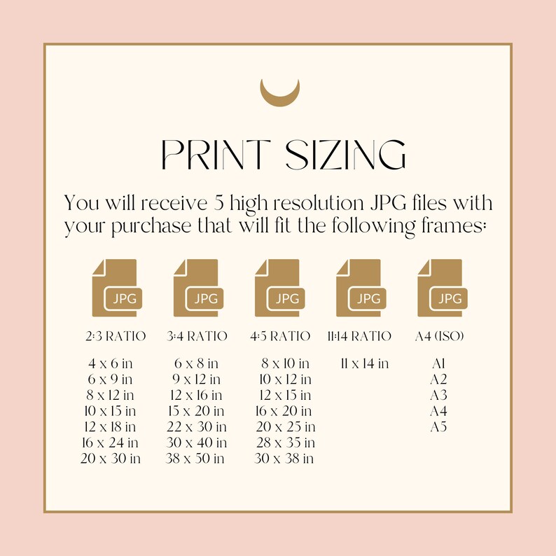 May include: A chart showing different print sizes for digital downloads. The chart lists five different aspect ratios: 2:3, 3:4, 4:5, 11:14, and A4 (ISO). Each ratio has a list of corresponding print sizes in inches. The chart is on a light pink background.