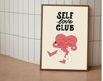 Self Love Club, Retro Poster, Cartoon Heart Print, Positive Quote Wall Art, Empowerment Affirmation Poster, Spiritual Art, DIGITAL DOWNLOAD