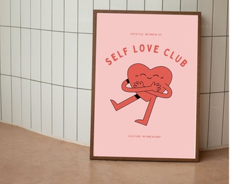 Self Love Club, Retro Poster, Cartoon Heart Print, Positive Quote Wall Art, Empowerment Affirmation Poster, Spiritual Art, DIGITAL DOWNLOAD