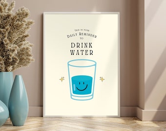 Drink More Water Wall Art, Fun Kitchen Print, Water Cartoon, Retro Quote Print, Daily Reminder Poster, Hydrate Art, DIGITAL DOWNLOAD