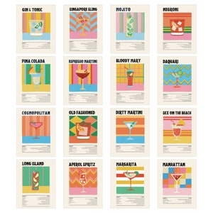 Gallery Wall Set van 16, Retro Cocktail Prints, Cocktail Wall Art, Minimalistische Muurkunst, Bar Cart Prints, Alcohol Prints, DIGITALE DOWNLOAD