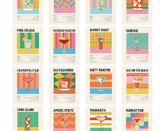 Gallery Wall Set of 16, Retro Cocktail Prints, Cocktail Wall Art, Minimalist Wall Art, Bar Cart Prints, Alcohol Prints, DIGITAL DOWNLOAD