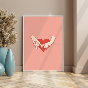 Liebhaber halten Hände Poster, rosa Wanddekor, rotes Liebes-Herz-Druck, druckbare Wandkunst des Paares Valentinstag, Linie Kunst, DIGITAL DOWNLOAD