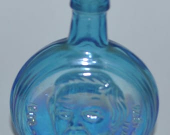 Decantador de cristal Wheaton antiguo: Colección presidencial Millard Fillmore azul iridiscente