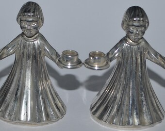Candelabros italianos con forma de ángel, chapados en plata, juego de 2