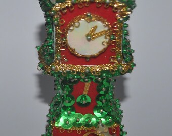 Adorno vintage de los años 70 con lentejuelas para reloj de pie y ratón – Decoración navideña hecha a mano
