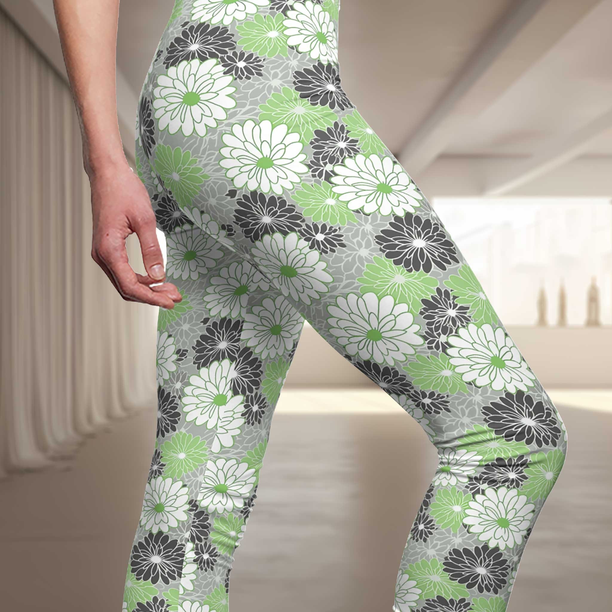 Flower Power Green Floral Pattern Leggings Yoga Pants, Activewear