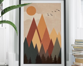 Abstract Geometric Mountains Rolled Poster | Mid Century Sunset Landscape - Art Print