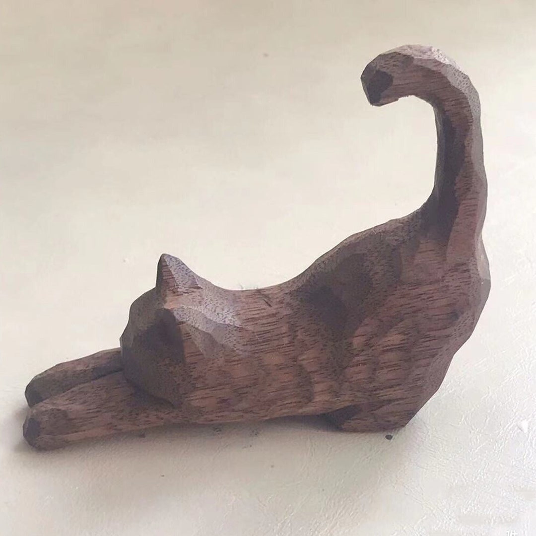 Wooden Cat Sculpture, Wooden Sculpture, Cat Figurine, Wooden Cat