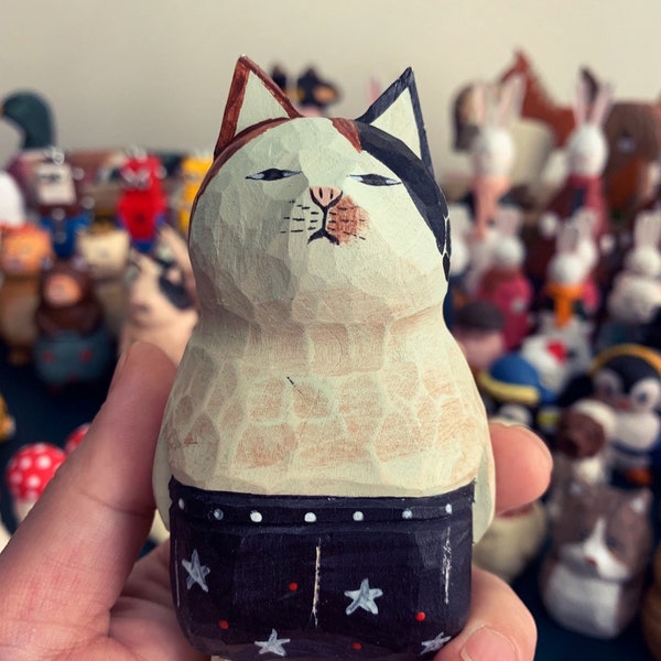 Cute Cat Ornaments, Handmade Wooden Cat, Wood Cat, Cat Decor, Cat Figurine, Wooden Sculpture, Wooden Cat, Hand Carved, Cat Lovers Gift, Cat