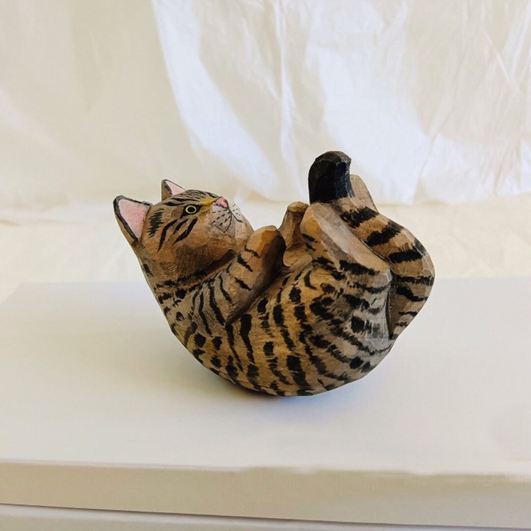 Funny Cat Figurine, Cat Sculpture, Handmade Wooden Cat, so Cute Cat