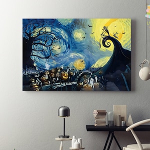 Op de afbeelding: Een schilderij van een sterrenhemel met een silhouet van Jack Skellington uit The Nightmare Before Christmas zittend op een heuvel. Het schilderij is in de stijl van Vincent van Gogh's Sterrennacht.