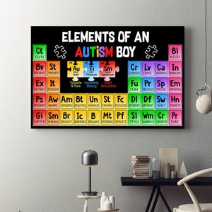 May include: A black canvas print featuring the text "ELEMENTS OF AN AUTISM BOY" in white and colorful text. The design resembles a periodic table, with words like "Cute," "Brave," and "Smart" in each box. The print includes puzzle pieces.