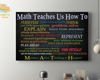 Math Teaches Us How To Persevere Make Connections Think Math Framed Canvas, Unframed Poster, Math Canvas, Math Classroom Decor