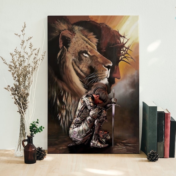 Vintage Jesus Christ With Lion And Kneeling Knight Framed Canvas, Unframed Poster, Knight Canvas, Lion Knight Canvas, Christ Wall Decor