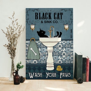 Vintage Little Duck Black Cat Sink Co Wash Your Paws Framed Canvas, Unframed Poster, Black Cat Poster, Halloween Wall Decor