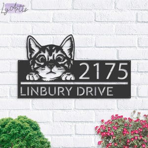 Personalized Cute Peeking Cat Kitten Pet Metal Address Sign House Number Hanging Address Plaque Yard Sign Outdoor Sign Garden Stake