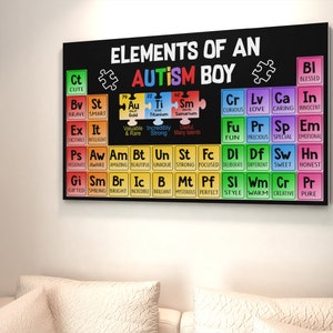 May include: A black canvas print with the words "ELEMENTS OF AN AUTISM BOY" in white. The design resembles a periodic table, with colorful squares listing positive traits. Includes puzzle piece graphics.