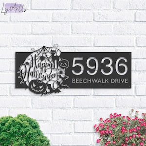 Personalized Happy Halloween Metal Address Sign House Number Hanging Address Plaque Yard Outdoor Sign Garden Stake