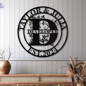 Custom Last Name Sign, Personalized Metal Wall Art, Custom Family Name Sign, Metal Initial Door Hanger, Wedding Gift, Established Leafy Sign